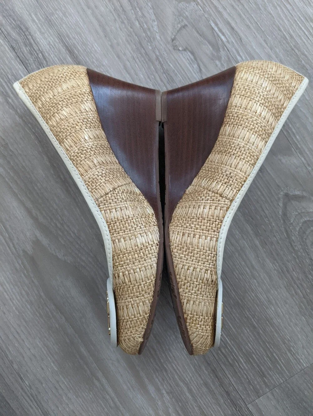 Tory Burch Natural Raffia and White Logo Ballet Flats